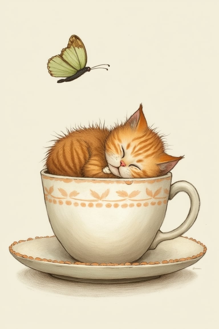 by_M_T_Ross, high quality kids illustration of a tiny kitten curled up in a teacup, peacefully sleeping while a butterfly hovers above.