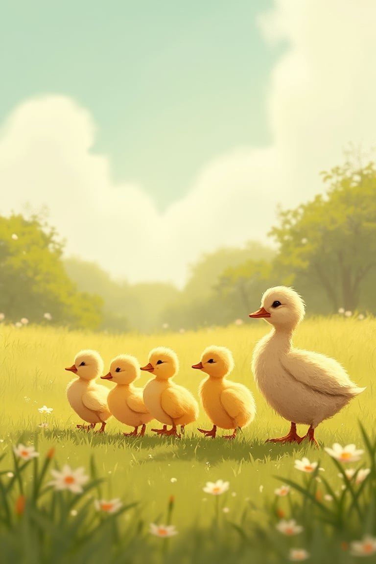 by_M_T_Ross, high quality kids illustration of fluffy ducklings waddling in a line, following their mother through a sunlit meadow.