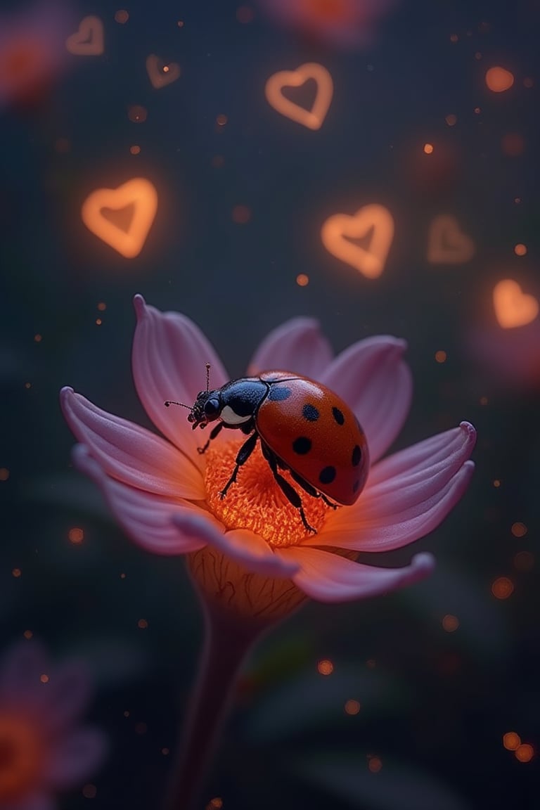 A cute colorful bright ladybug sleeping on a night flower, glowing hearts flowing like a breath into the air, translucent, cute, glowing, rim lit, fairy light bokeh background, vibrant, 8k resolution