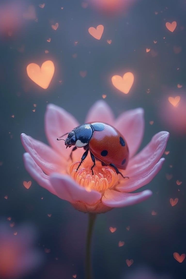 A cute colorful bright ladybug sleeping on a night flower, glowing hearts flowing like a breath into the air, translucent, cute, glowing, rim lit, fairy light bokeh background, vibrant, 8k resolution