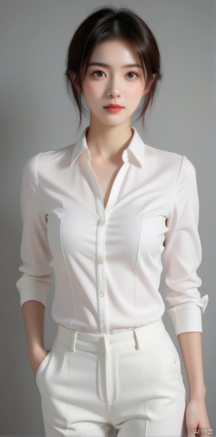 A stunning beauty girl with a short haircut poses confidently in front of a sleek, modern backdrop. Her adapted uniform - a crisp white shirt and tailored pants - accentuates her toned physique. Soft, natural lighting illuminates her flawless skin, while a subtle smile plays on her lips, exuding an air of quiet elegance.