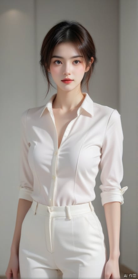 A stunning beauty girl with a short haircut poses confidently in front of a sleek, modern backdrop. Her adapted uniform - a crisp white shirt and tailored pants - accentuates her toned physique. Soft, natural lighting illuminates her flawless skin, while a subtle smile plays on her lips, exuding an air of quiet elegance.