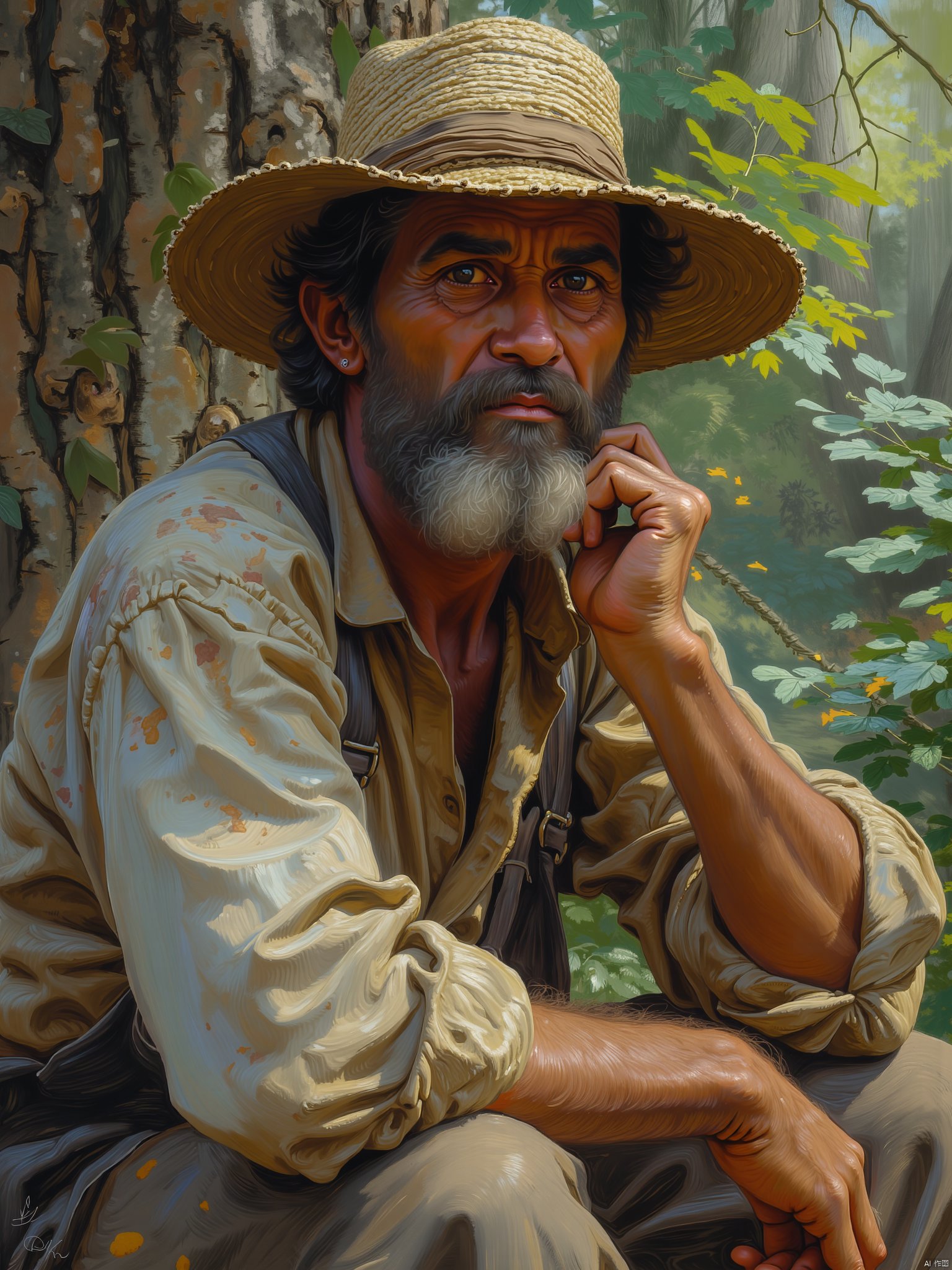 OByouhua,This image is a digital painting that captures a realistic, close-up portrait of a man. The subject, a middle-aged man with a weathered, rugged appearance, is depicted from the chest up. He has a full, dark beard and mustache, and his skin tone is a warm, earthy brown. The man is wearing a wide-brimmed straw hat, which casts shadows on his face, and a loose, long-sleeved, white shirt with visible patches and stains, indicating hard labor or outdoor work. His left hand is placed thoughtfully under his chin, and his right arm rests on his lap.The background features a tree trunk with rough, textured bark, which is partially obscured by the man's head. The background is filled with lush, green foliage, suggesting a forest or rural setting. The sunlight filters through the leaves, casting dappled light and shadow patterns on the man and the tree, adding depth and texture to the scene. The artist uses a blend of warm and cool tones, with highlights and shadows to create a realistic, three-dimensional effect. The overall style is highly detailed and lifelike, emphasizing the man's contemplative expression and the natural environment around him.