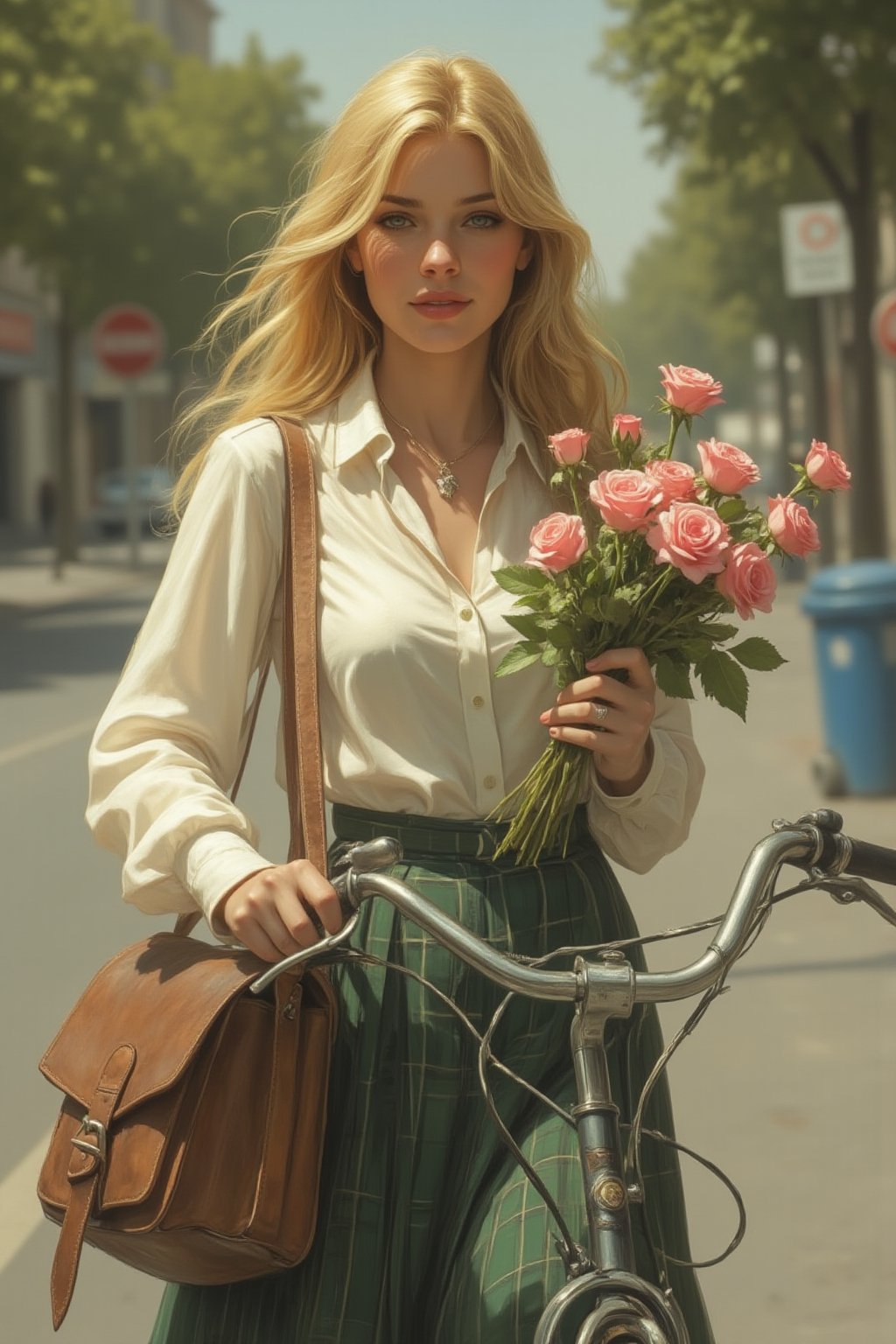 Captured from a high-angle perspective on a sunny day, a woman with long blonde hair, wearing a white button-down long-sleeved blouse and a green plaid skirt. She is holding a brown leather bag with a bouquet of pink roses in her left hand. Her right hand is draped over the handlebars of a bicycle, with a silver ring on her left ring finger. Her left hand is resting on the handle bar of the bicycle, while her right hand holds the handlebar. The background is blurred, with trees, buildings, and a blue trash can in the distance.,Fantasy drawing,Fantasy drawing