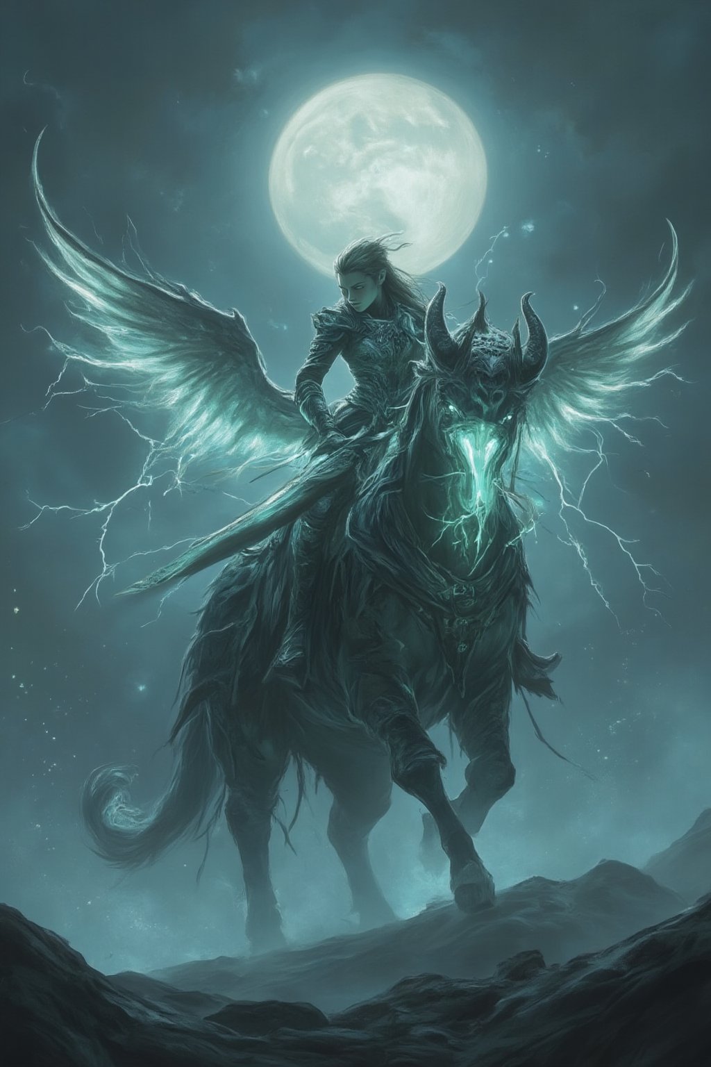  fierce warrior rides a mythical beast with enormous silver wings that glow softly under the light of a pale full moon. Her eyes are sharp and focused, her armor engraved with ancient symbols, and her sword crackles with lightning energy. In the distance, a vast magical forest glows with ethereal light, casting shadows on the battlefield below.,Fantasy drawing