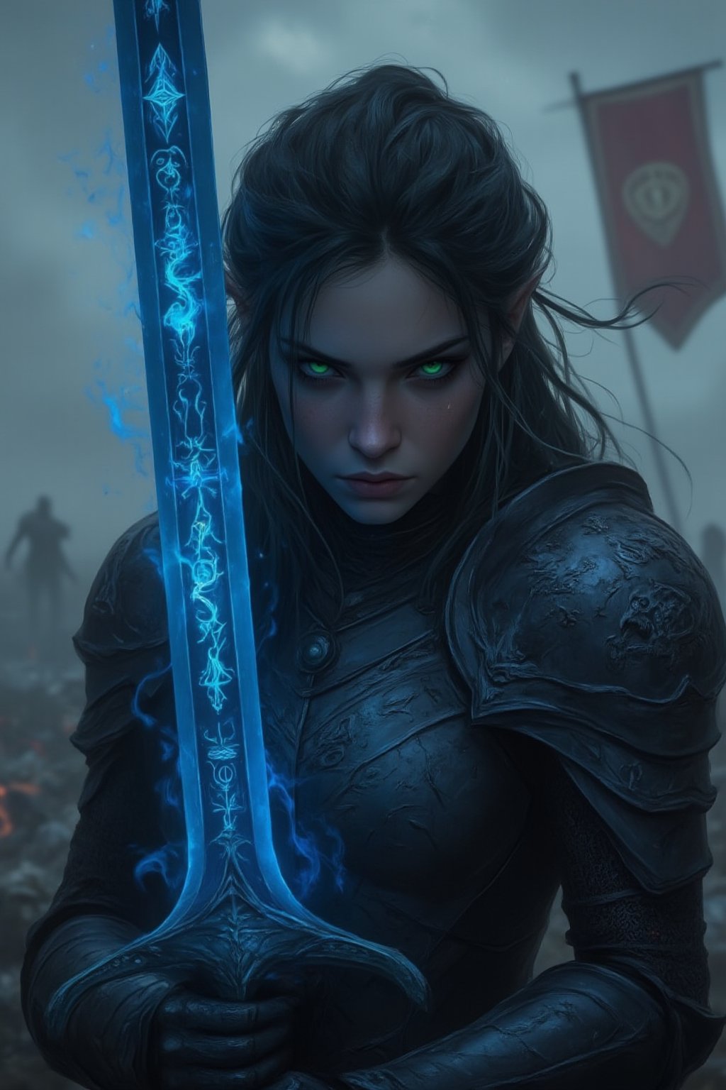 A close-up cinematic shot of a fierce female knight with intense green eyes and a determined expression, holding an enormous legendary greatsword. Her armor is adorned with intricate engravings of ancient runes and mythological creatures, reflecting the light of a dim, overcast sky. Her dark hair is tousled by the wind, beads of sweat glistening on her forehead. The greatsword's glowing blue blade is etched with celestial symbols, emanating a faint mist. In the blurred background, a war-torn battlefield with broken banners and smoldering ashes adds drama,Fantasy drawing