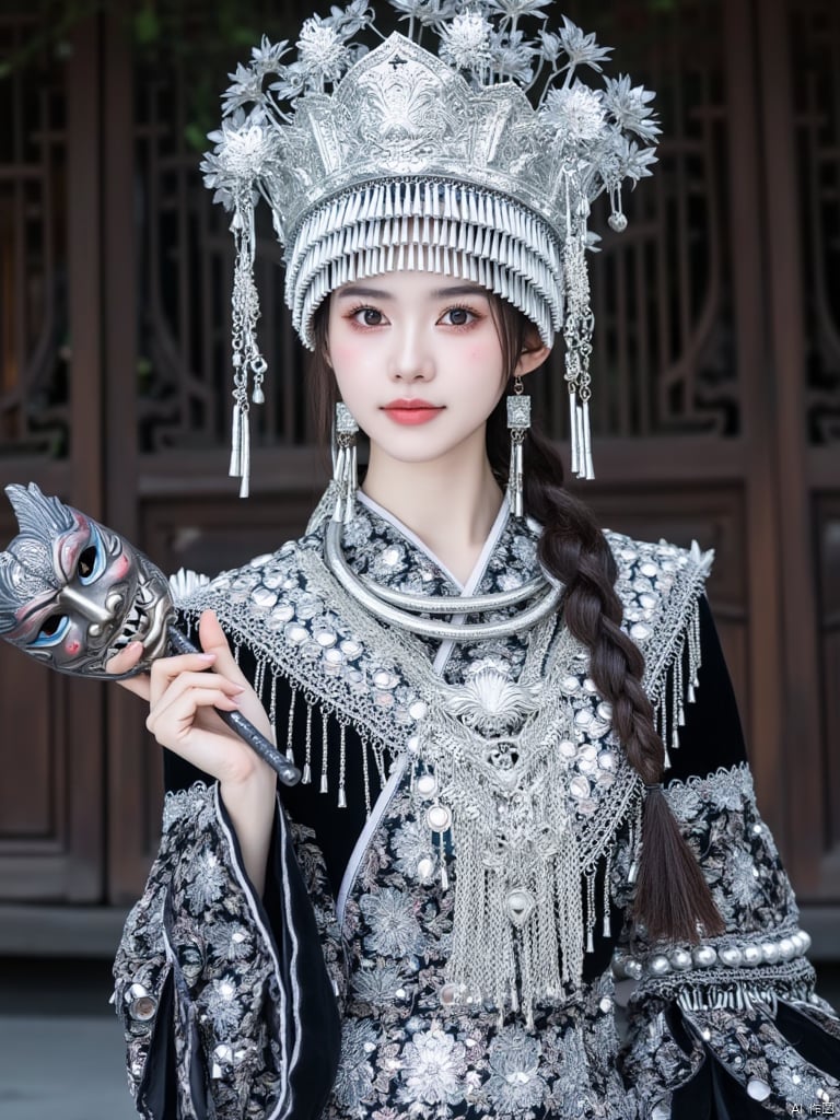 A young girl wearing a silver Miao ethnic headdress,a woman dressed in a Chinese costume is stunning. She is wearing a silver crown on her head, adorned with white pearls and chains. Her dress is adorned with silver and black buttons, and her hair is pulled back in a ponytail. The woman is holding a silver dragon mask in her left hand, adding a touch of contrast to her outfit. The backdrop is a wooden gate with intricate carvings on it, providing a natural backdrop to the scene.