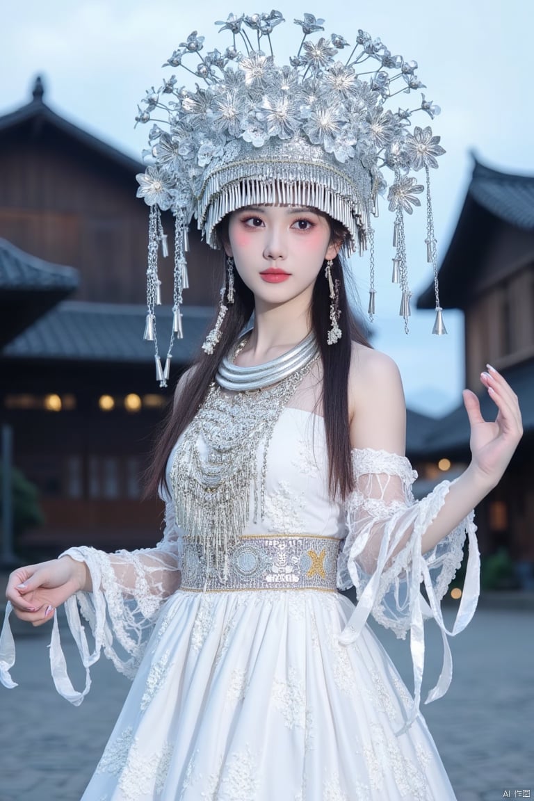 A young woman wearing a silver Miao ethnic headdress,a woman dressed in a white dress and a silver crown adorned with flowers, stands on a cobblestone street. The woman's dress is adorned with white embroidery, adorned with a gold belt. Her hair is pulled back in a ponytail, adding a pop of color to her face. The backdrop, a rustic wooden house, is visible in the distance. The sky is a muted blue, with a few wispy clouds, adding depth to the scene.