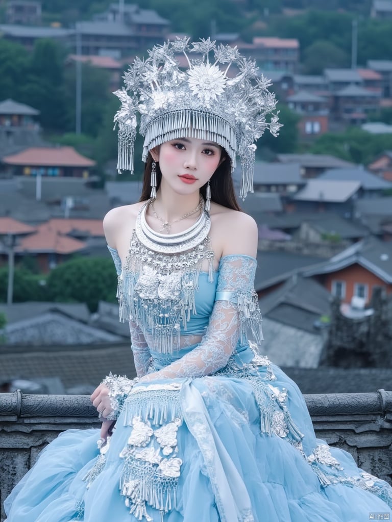 A young girl wearing a silver Miao ethnic headdress,a woman dressed in a traditional Chinese dress, adorned with a silver crown on her head. She is seated on a rooftop rooftop, her hands resting on her hips, adding a touch of balance to the scene. In the background, a row of houses can be seen, their roofs are covered in a variety of colors, adding depth to the composition.