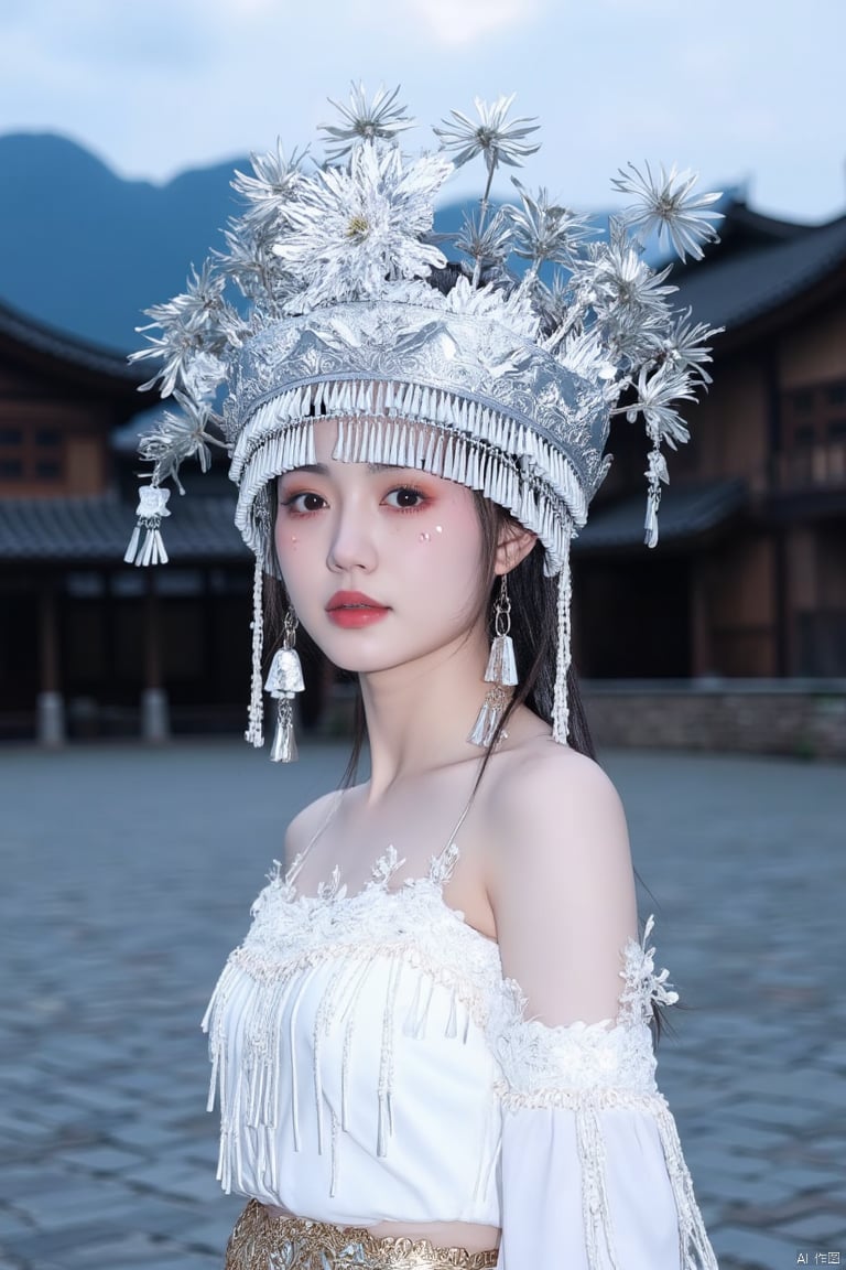 A young woman wearing a silver Miao ethnic headdress,a woman dressed in a white dress and a silver crown adorned with flowers, stands on a cobblestone street. The woman's dress is adorned with white embroidery, adorned with a gold belt. Her hair is pulled back in a ponytail, adding a pop of color to her face. The backdrop, a rustic wooden house, is visible in the distance. The sky is a muted blue, with a few wispy clouds, adding depth to the scene.