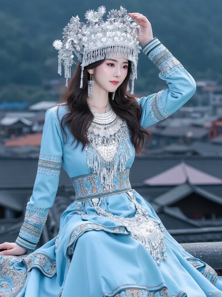 A young girl wearing a silver Miao ethnic headdress,a woman dressed in a traditional Chinese dress, adorned with a silver crown on her head. She is seated on a rooftop rooftop, her hands resting on her hips, adding a touch of balance to the scene. In the background, a row of houses can be seen, their roofs are covered in a variety of colors, adding depth to the composition.