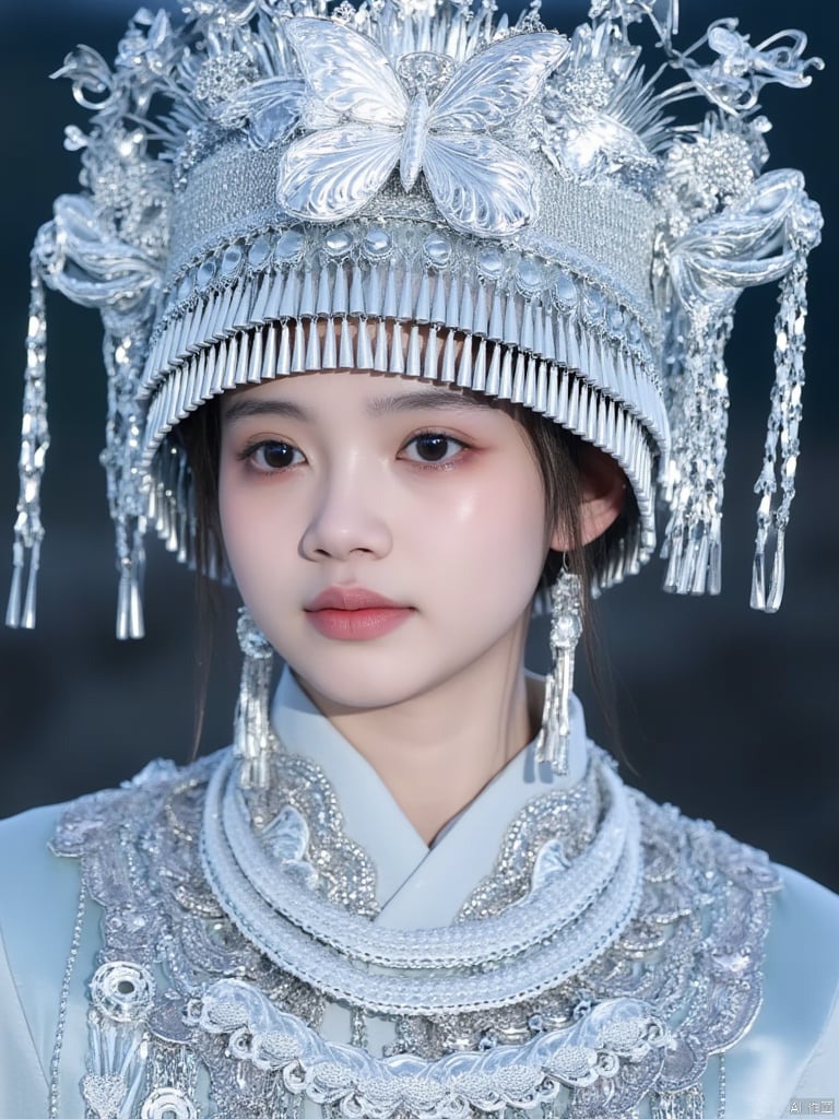 A young girl wearing a silver Miao ethnic headdress,A close-up shot of a woman wearing a silver headdress adorned with silver beads and tassels. The woman's headdress is adorned with a large silver butterfly, adding a touch of sparkle to her outfit. The background is blurred, creating a stark contrast to the woman's outfit.