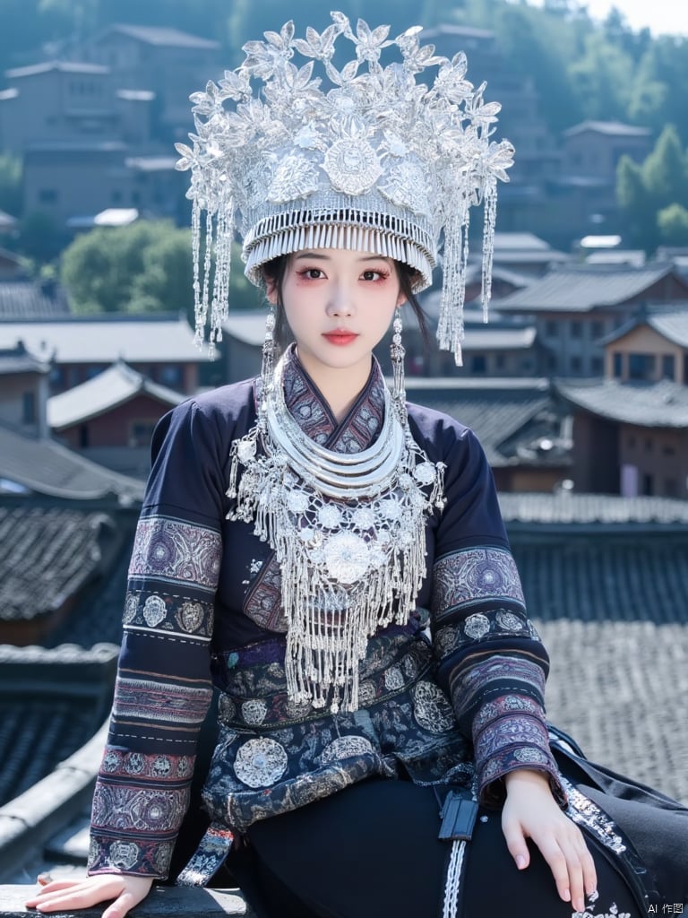 A young girl wearing a silver Miao ethnic headdress,a woman dressed in a traditional Chinese dress, adorned with a silver crown on her head. She is seated on a rooftop rooftop, her hands resting on her hips, adding a touch of balance to the scene. In the background, a row of houses can be seen, their roofs are covered in a variety of colors, adding depth to the composition.