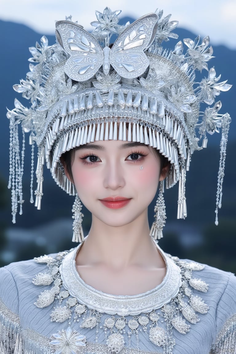 A young girl wearing a silver Miao ethnic headdress,A close-up shot of a woman wearing a silver headdress adorned with silver beads and tassels. The woman's headdress is adorned with a large silver butterfly, adding a touch of sparkle to her outfit. The background is blurred, creating a stark contrast to the woman's outfit.