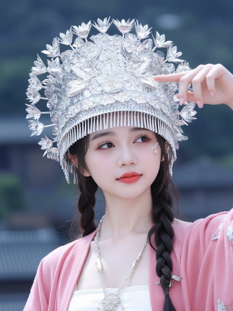 A woman wearing a silver Miao ethnic headdress,A close-up shot of a young Asian woman wearing a silver crown on her head. She is wearing a white dress with a pink kimono on her shoulders. Her hair is braided and she has a necklace around her neck. The background is blurred, but it is out of focus. The girl's left hand is visible on the right side of the image.