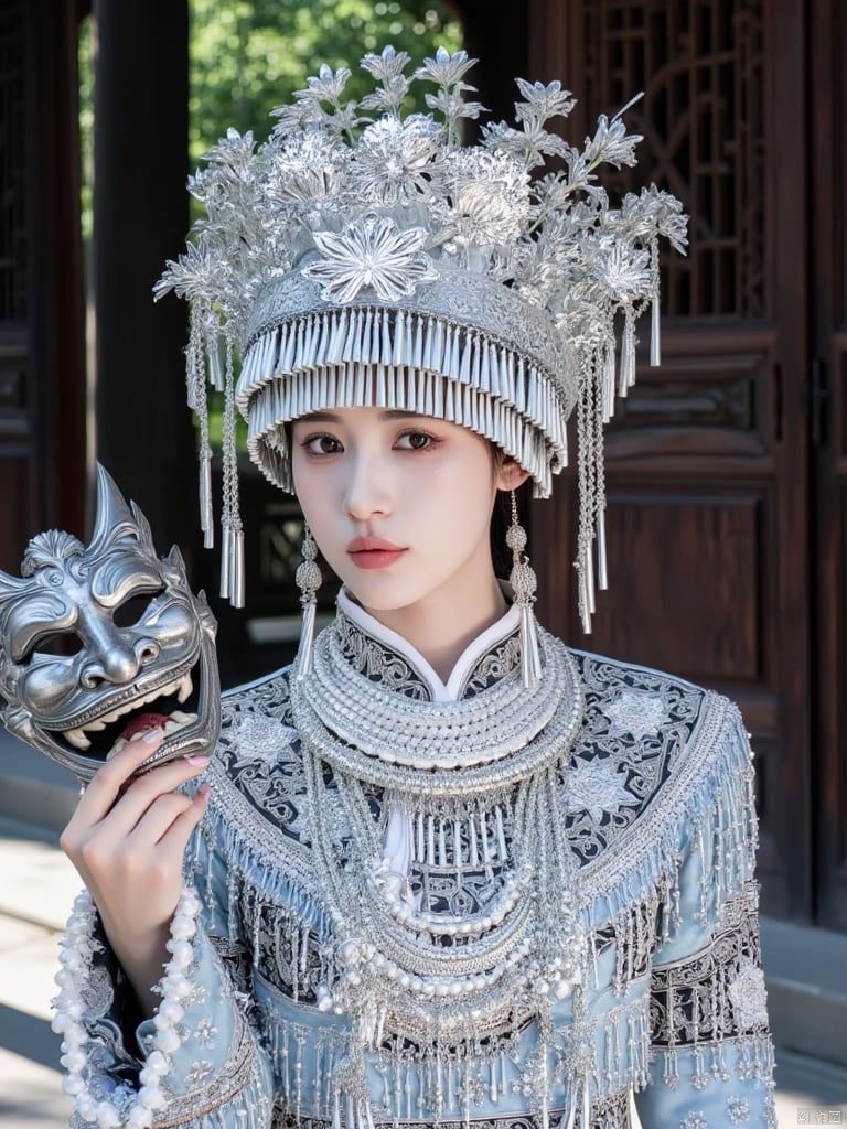 A young girl wearing a silver Miao ethnic headdress,a woman dressed in a Chinese costume is stunning. She is wearing a silver crown on her head, adorned with white pearls and chains. Her dress is adorned with silver and black buttons, and her hair is pulled back in a ponytail. The woman is holding a silver dragon mask in her left hand, adding a touch of contrast to her outfit. The backdrop is a wooden gate with intricate carvings on it, providing a natural backdrop to the scene.