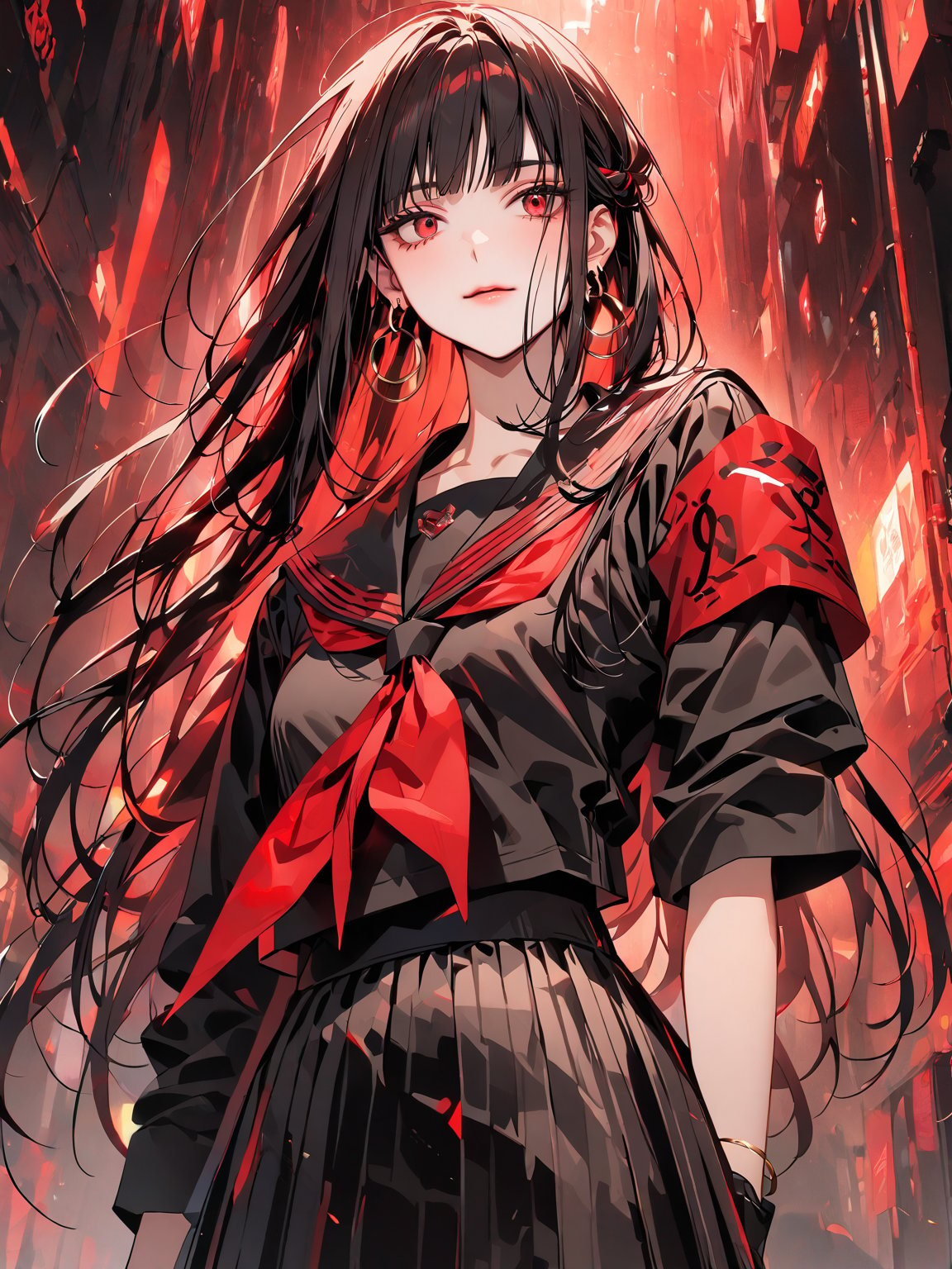 best quality, 8k, 8k UHD, ultra-high resolution, ultra-high definition, highres
,//Character, 
1girl, solo
,//Fashion, 
,//Background, 
,//Others, ,Expressiveh, 
AgakuraMajiri, 1girl, solo, long hair, black hair, red eyes, hoop earrings, black serafuku, sailor collar, black shirt, red neckerchief, armband, pleated skirt, black skirt