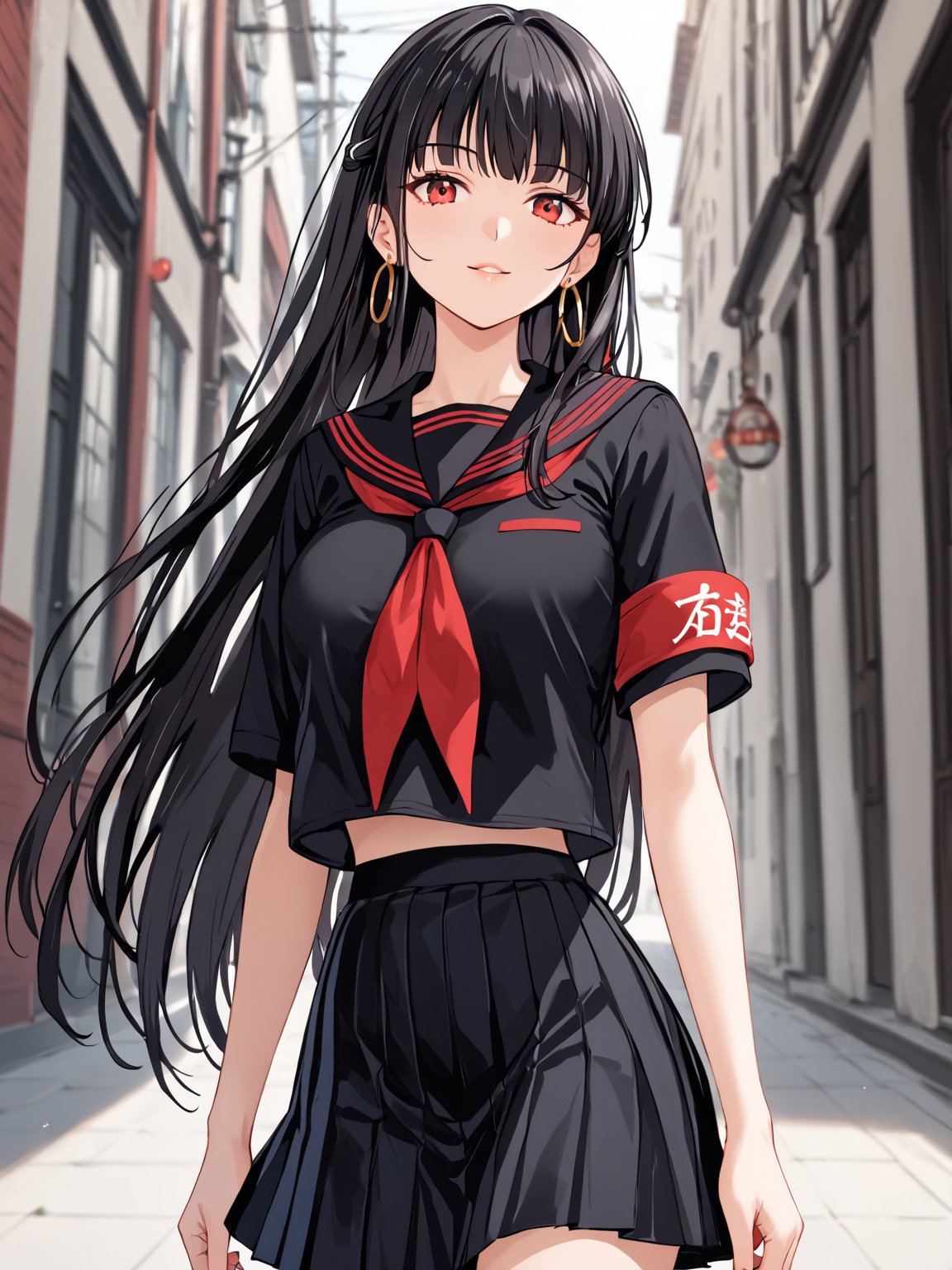 best quality, 8k, 8k UHD, ultra-high resolution, ultra-high definition, highres
,//Character, 
1girl, solo
,//Fashion, 
,//Background, 
,//Others, ,Expressiveh, 
AgakuraMajiri, 1girl, solo, long hair, black hair, red eyes, hoop earrings, black serafuku, sailor collar, black shirt, red neckerchief, armband, pleated skirt, black skirt