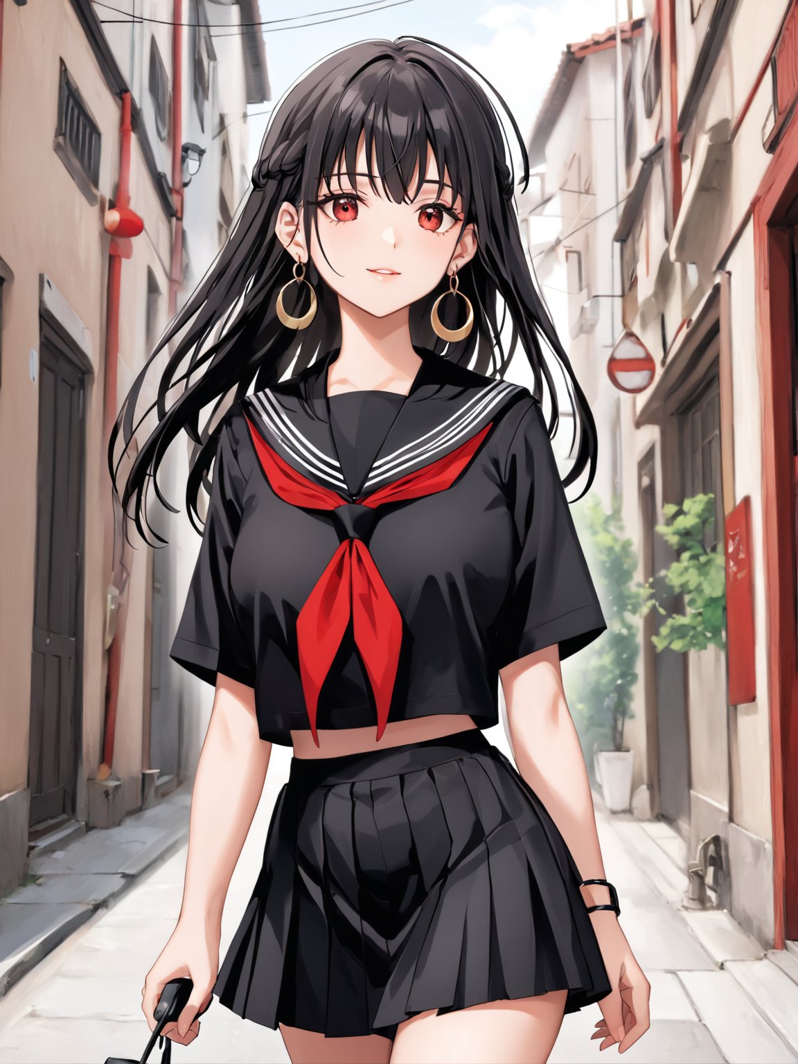 best quality, 8k, 8k UHD, ultra-high resolution, ultra-high definition, highres
,//Character, 
1girl, solo
,//Fashion, 
,//Background, 
,//Others, ,Expressiveh, 
AgakuraMajiri, 1girl, solo, long hair, black hair, red eyes, hoop earrings, black serafuku, sailor collar, black shirt, red neckerchief, armband, pleated skirt, black skirt