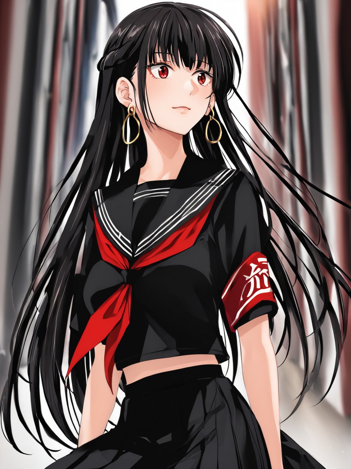 best quality, 8k, 8k UHD, ultra-high resolution, ultra-high definition, highres
,//Character, 
1girl, solo
,//Fashion, 
,//Background, 
,//Others, ,Expressiveh, 
AgakuraMajiri, 1girl, solo, long hair, black hair, red eyes, hoop earrings, black serafuku, sailor collar, black shirt, red neckerchief, armband, pleated skirt, black skirt