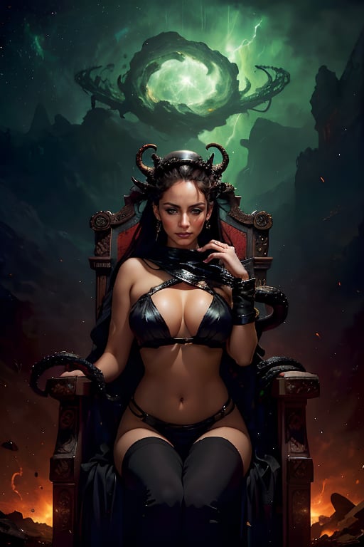 A plump girl lay lazily on a throne made of tentacles. She supported her head on one hand, her eyes half-closed. Fluorescent green eyes sparkled in the darkness, contrasting sharply with her all-black skin and the streaks radiating from her body. Her body is translucent, revealing the glow of a huge red core on her chest. The internal forces are constantly splitting and merging, releasing powerful destructive power. Azathoth.

Surrounded by countless invisible dancers, they play invisible flutes to an unsettling monotony. These chaotic voices are trying to maintain Azathoth's calm.

It all takes place against a turbulent backdrop: volcanic eruptions, thunder and blizzards combine to create a scene that is both chaotic and mysterious.