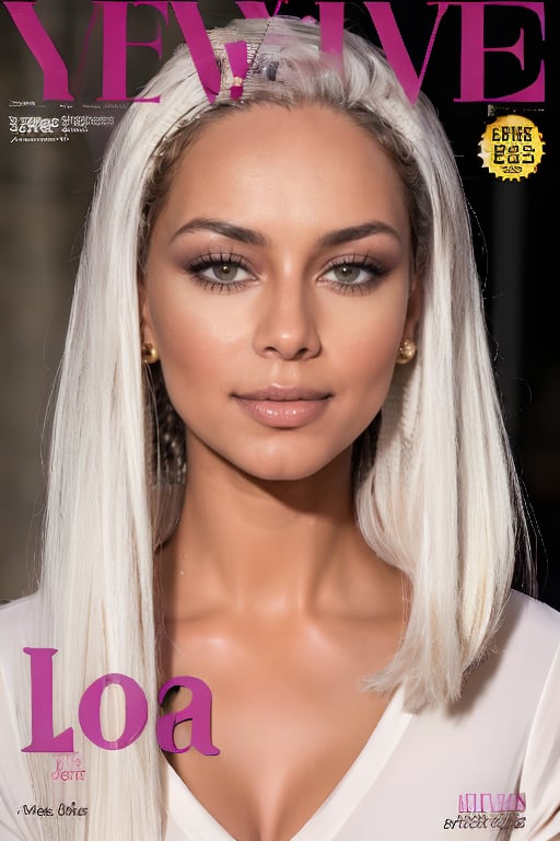 1girl, solo, upper body, white hair, lips, traditional media, reality, pop idol magazine, title font "New Lora Is Coming", attractive cover with beauty characters,jpop cover 80s