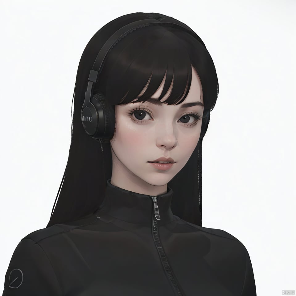 1girl, solo, long hair, looking at viewer, bangs, simple background, brown hair, black hair, brown eyes, upper body, parted lips, black eyes, lips, headphones, black background, zipper, high collar, realistic, shoulder cutout