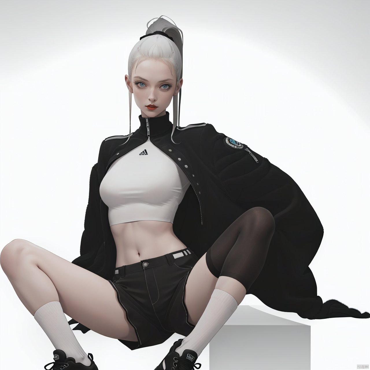 1girl, solo, long hair, breasts, looking at viewer, bangs, blue eyes, shirt, long sleeves, navel, sitting, jacket, white shirt, ponytail, white hair, open clothes, shoes, shorts, socks, midriff, arm up, open jacket, lips, black jacket, short shorts, thigh strap, black shorts, white footwear, sneakers, red lips, midriff peek,
Black and white concept character design of a cool girl