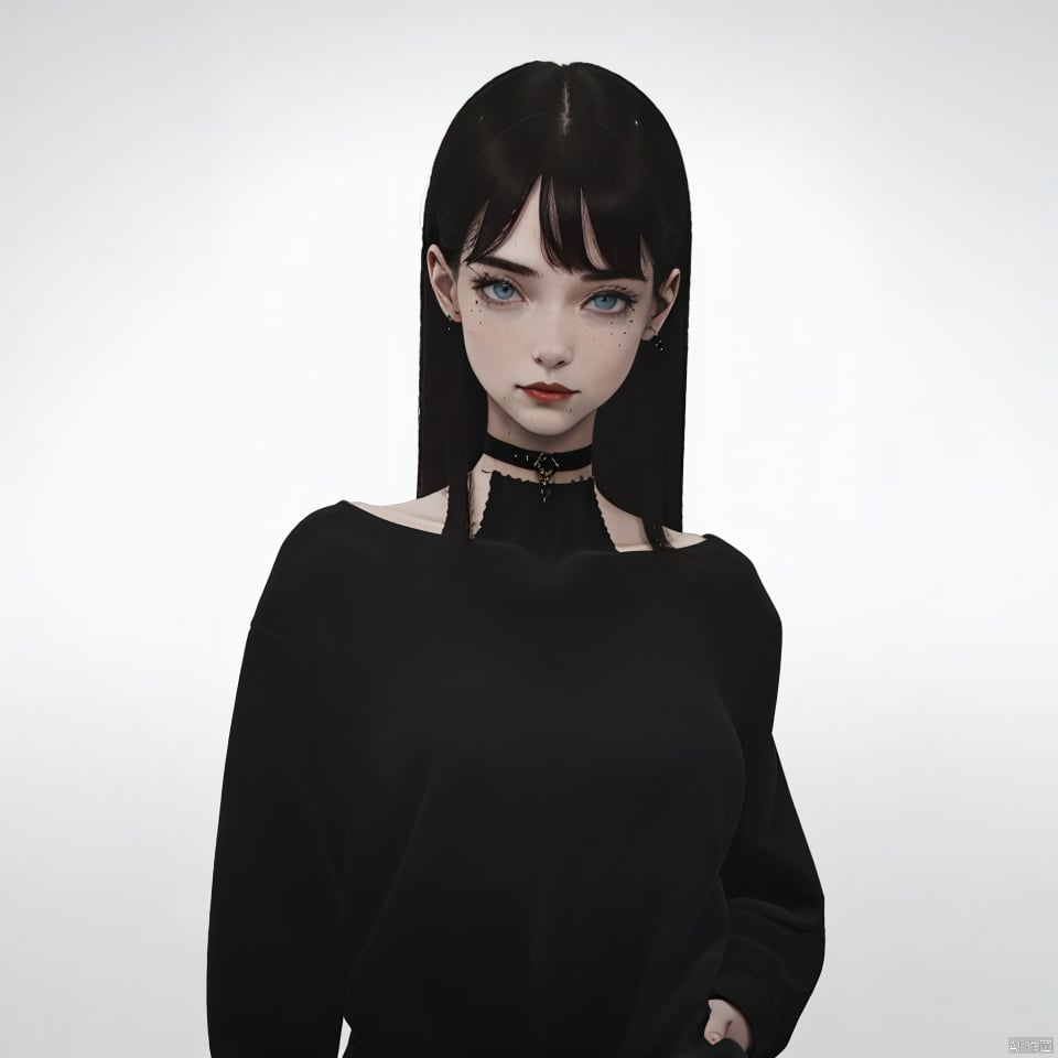 1girl, solo, long hair, looking at viewer, bangs, blue eyes, simple background, brown hair, shirt, black hair, hair ornament, long sleeves, white background, closed mouth, upper body, choker, mole, lips, black shirt, mole under eye, bug, realistic, butterfly hair ornament, red lips,
Black and white concept character design of a cool girl