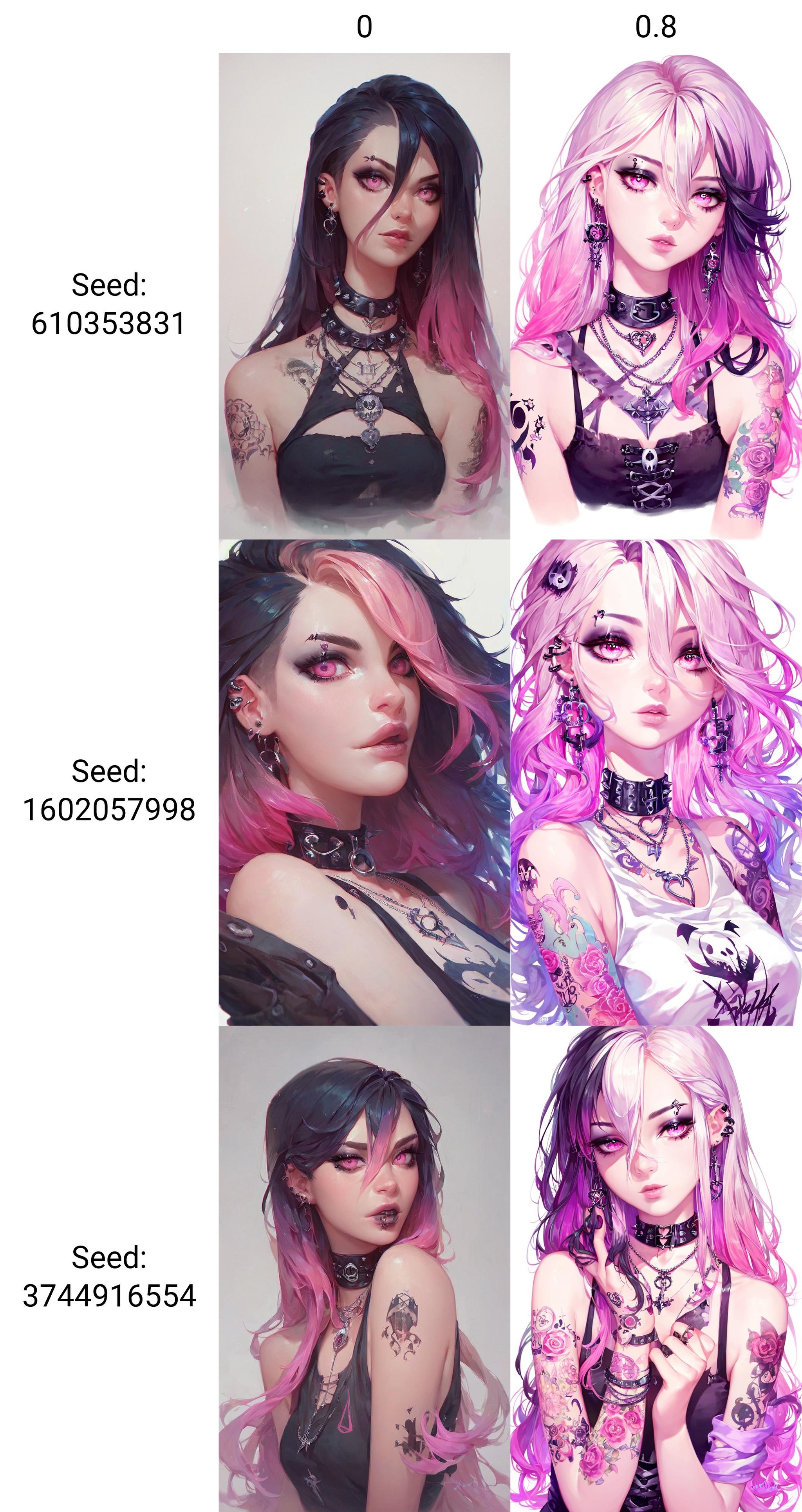 score_9, score_8_up, score_7_up, Goth girl,goth girl 1girl,1girl,solo,looking at viewer,long hair,hair between the eyes,bare shoulders,jewelry,gradient hair,tattoo,sleeveless,pink eyes,necklace,two-tone hair,lips,makeup,white background,portrait,spot color, <lora:Pony-Bright Artistry-Zycc:0>