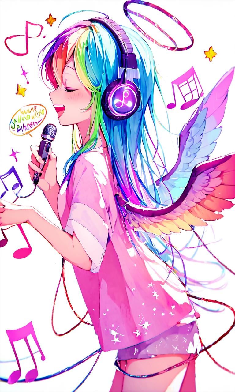 score_9, score_8_up, score_7_up,lineart,white background,long hair,rainbow hair,partially colored,{{{{{{color trace}}}}}},hands on headphones,happy,from side,singing,spoken musical note,blush,cable,sparkle,halo,wings,chromatic aberration, <lora:Pony-Bright Artistry-Zycc:1>