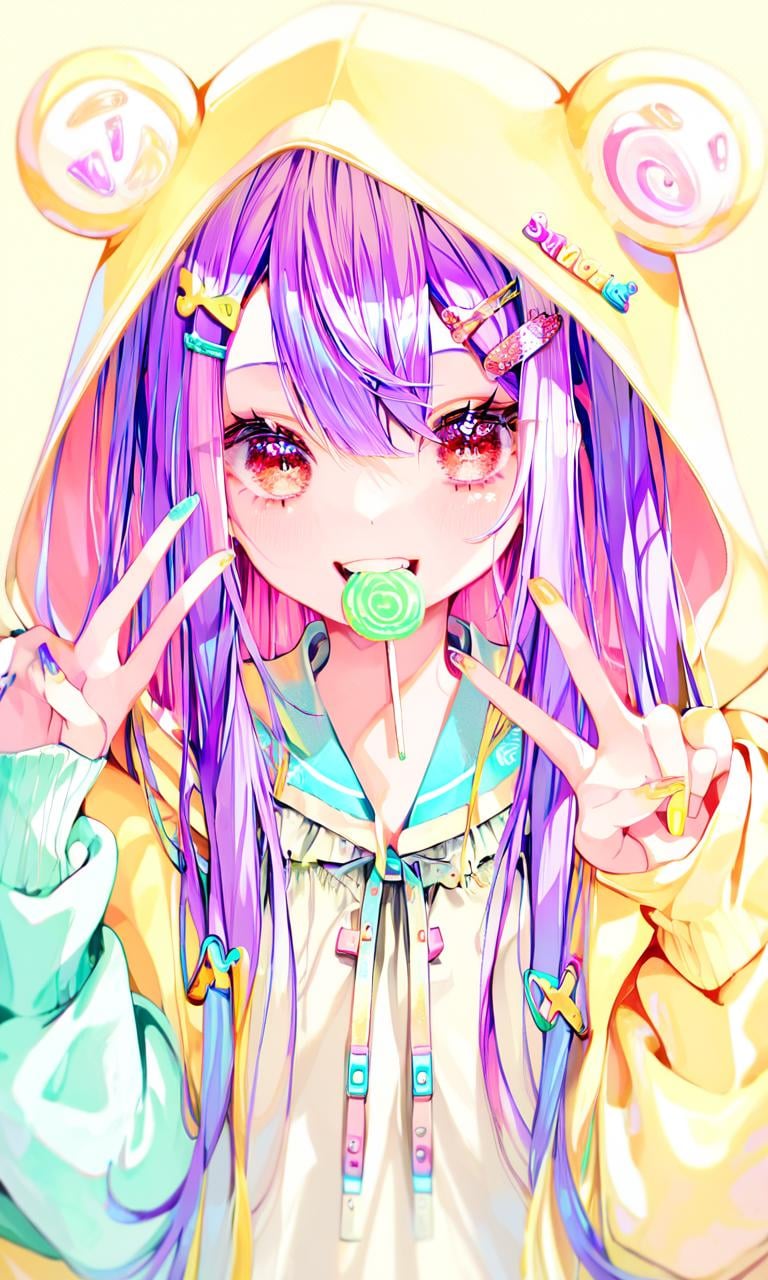 score_9, score_8_up, score_7_up,1girl,solo,yellow background,upper body,looking at viewer,holding,smile,mouth hold,food in mouth,teeth,red eyes,long hair,purple hair,multicolored hair,bangs,hairclip,white shirt,hooded jacket,open jacket,hoodie,hood up,long sleeves,sleeves past wrists,sailor collar,orange nails,nail polish,yellow nails,blue nails,multicolored nails,purple nails,green nails,black nails,pink nails,aqua nails,long fingernails,lollipop,arm up,cellphone,double v,<lora:color-first-4-000020:1>