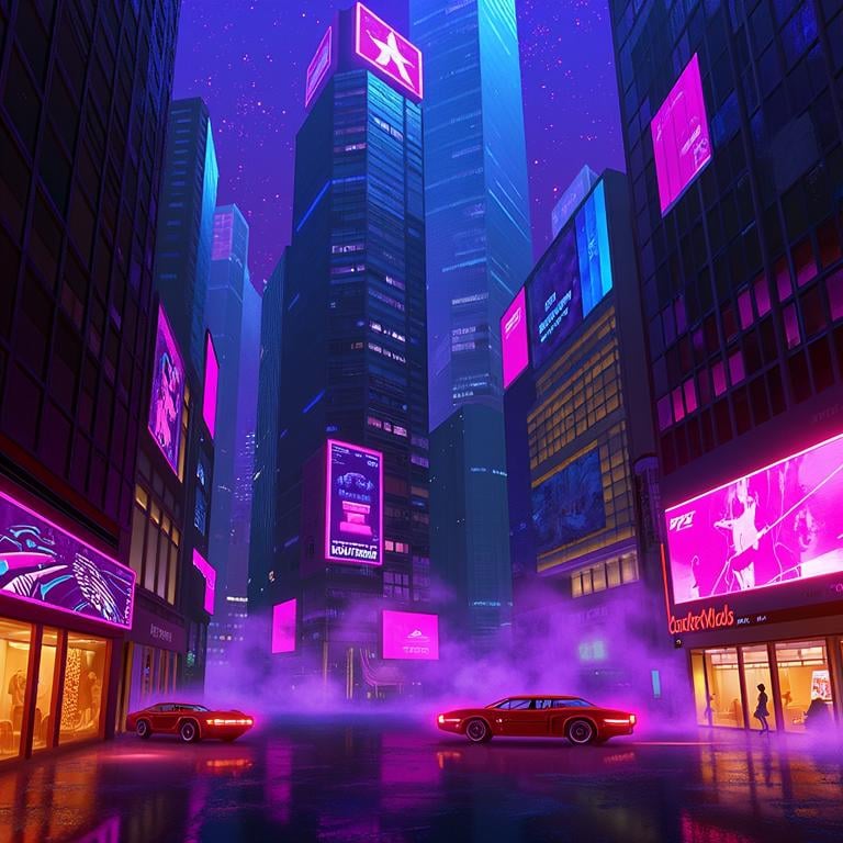 A breathtaking cyberpunk cityscape at night, with towering futuristic skyscrapers illuminated by neon lights in shades of purple, blue, and pink. The buildings are adorned with glowing signs and holographic advertisements, casting luminous reflections on the foggy streets below. The scene exudes a sense of high-tech dystopia, with a dark sky filled with stars in the background, contrasting the vibrant city lights. The atmosphere is moody, with a blend of technology and mystery, reminiscent of classic cyberpunk aesthetics. Adding a sense of grandeur and dominance to the city skyline and atmospheric style of devinellekurtz, <lora:devinellekurtz-style:1.5>