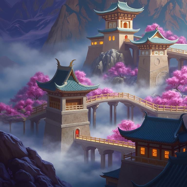 A breathtaking fantasy landscape inspired by ancient Asian architecture, set against towering cliffs and misty mountains. The scene features tall, elegant pagodas with intricate roofs, connected by bridges, adorned with vibrant cherry blossom trees in full bloom. Soft sunlight filters through the mist, illuminating the serene environment. The atmosphere is calm and otherworldly, with a harmonious blend of nature and architecture, huge view, extra detailed, set under a soft, pastel sky atmospheric style of devinellekurtz, <lora:devinellekurtz-style:1.5>