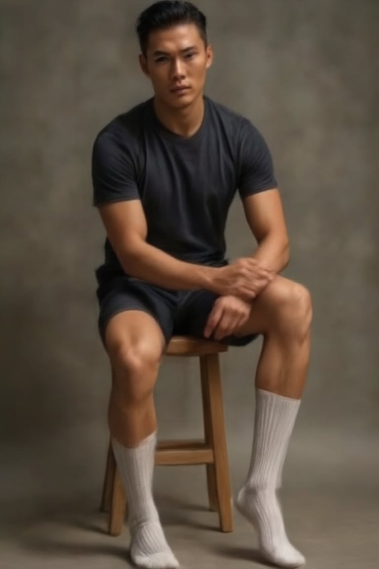 handsome man in 30s, sitting on a stool and wearing socks and adjusting his socks,  otc socks with vertical strips, medium thickness legs, realistic, masterpiece of photography, highly detailed face, full portrait, yusuke