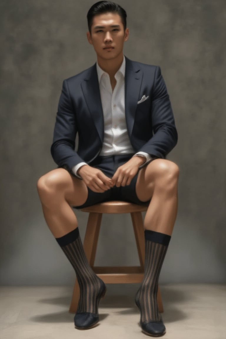 handsome suit man in 30s, sitting on a stool and wearing socks and adjusting his socks,  otc socks with vertical strips, medium thickness legs, realistic, masterpiece of photography, highly detailed face, full portrait, yusuke, wearing bermuda shorts