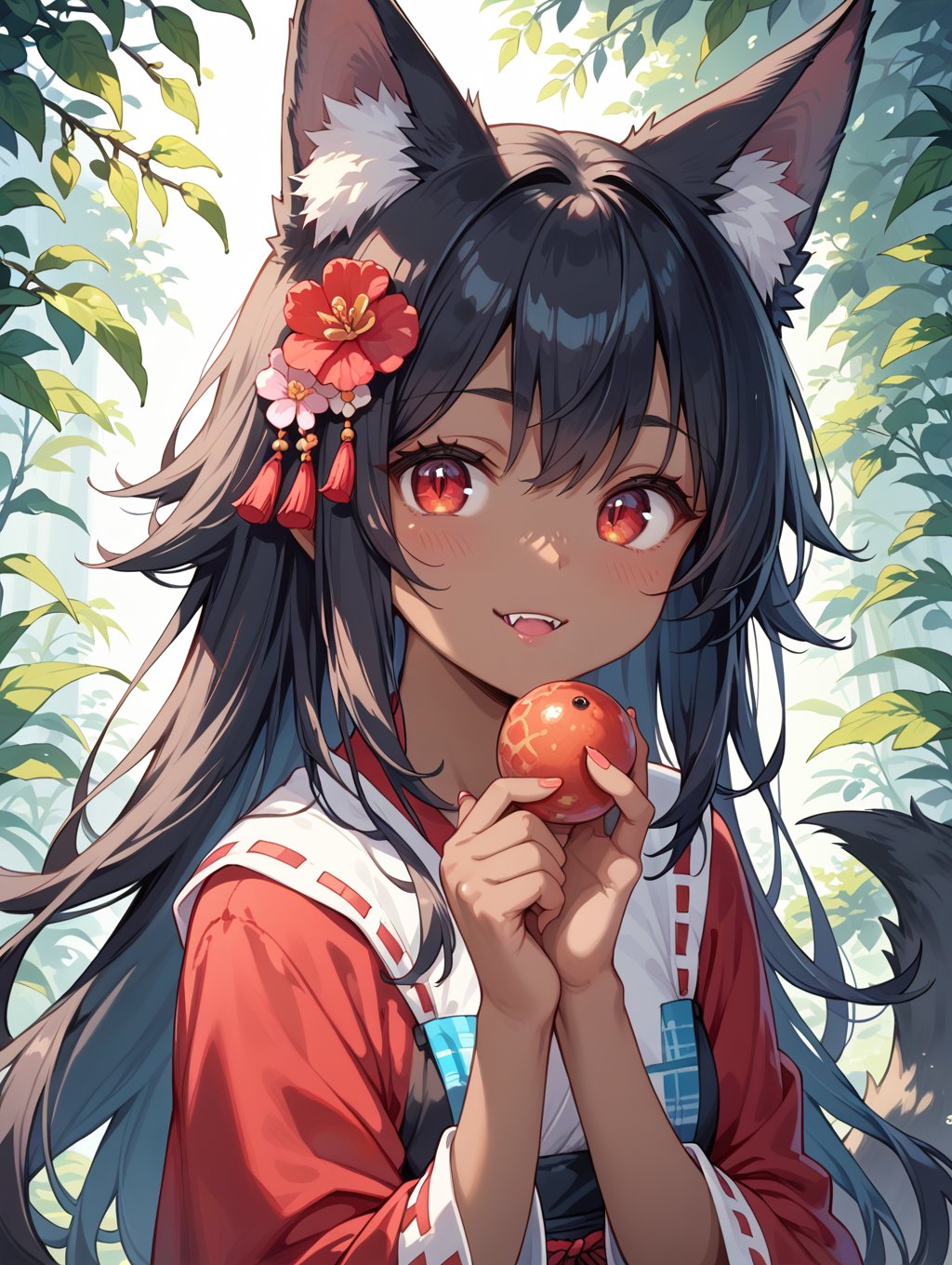 score_9, score_8_up, score_7_up,perfect eyes, kitsune, werewolf, red eyes, black skin, pretty girl, cute girl, teasing