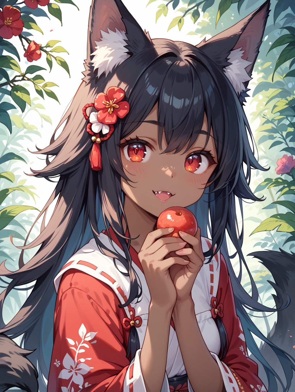 score_9, score_8_up, score_7_up,perfect eyes, kitsune, werewolf, red eyes, black skin, pretty girl, cute girl, teasing