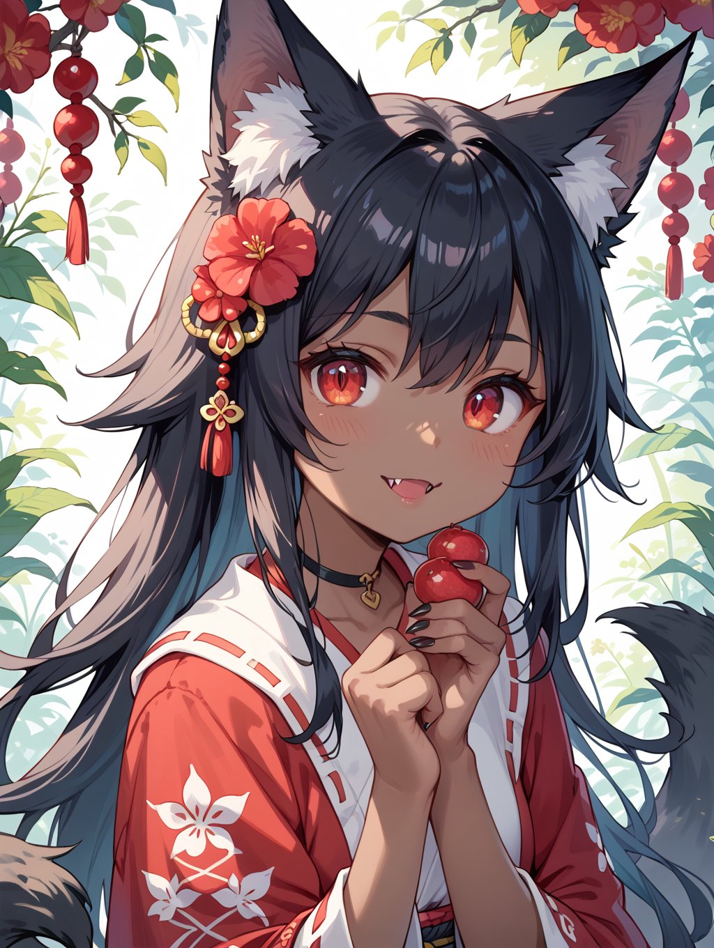 score_9, score_8_up, score_7_up,perfect eyes, kitsune, werewolf, red eyes, black skin, pretty girl, cute girl, teasing