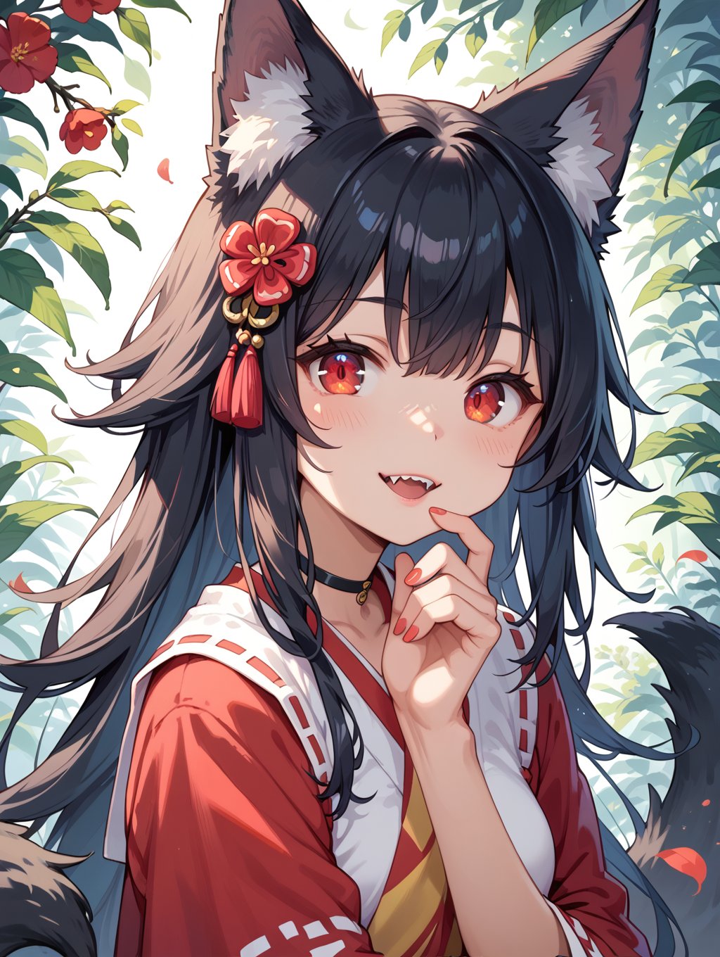 score_9, score_8_up, score_7_up,perfect eyes, kitsune, werewolf, red eyes, black skin, pretty girl, cute girl, teasing