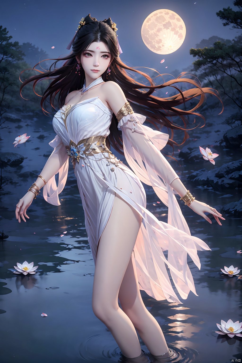 1girl, solo, long hair, brown hair, black hair, hair ornament, dress, bare shoulders, jewelry, flower, earrings, sky, water, white dress, bracelet, tree, petals, bare legs, night, facial mark, moon, night sky, full moon, forehead mark, ripples, lotus