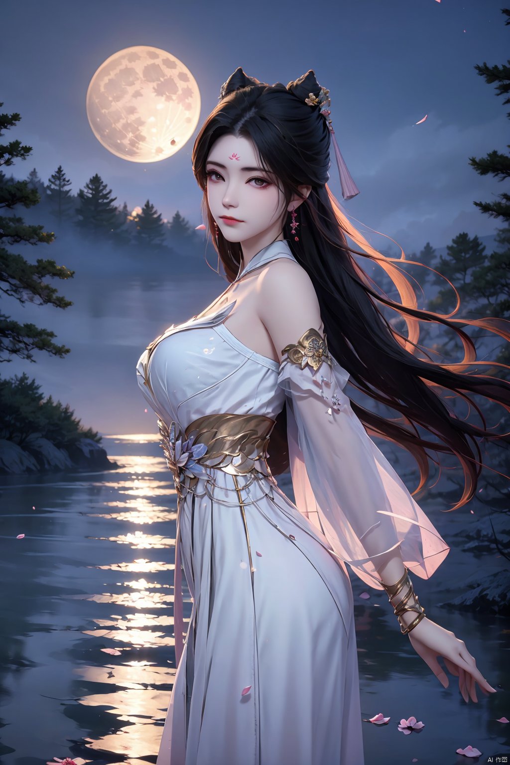 1girl, solo, long hair, breasts, looking at viewer, black hair, hair ornament, dress, bare shoulders, jewelry, earrings, outdoors, sky, cloud, water, hair bun, white dress, bracelet, from side, tree, petals, night, facial mark, moon, night sky, full moon, forehead mark, falling petals