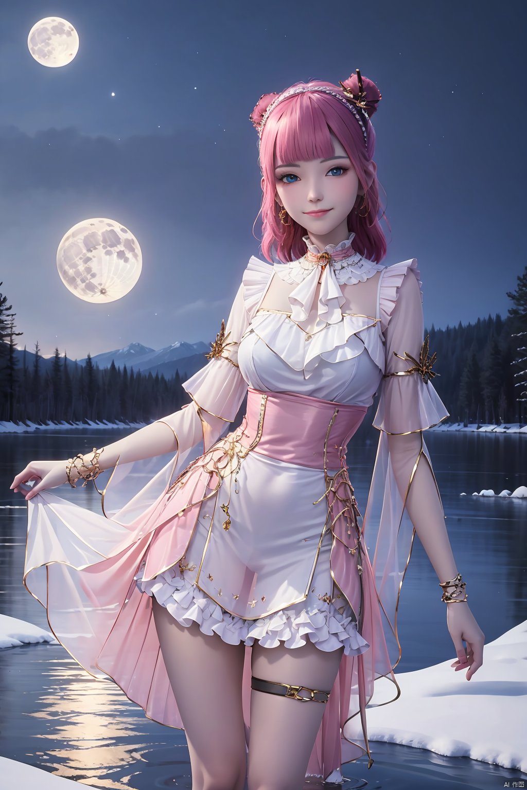 1girl, solo, breasts, looking at viewer, smile, bangs, blue eyes, dress, jewelry, medium breasts, standing, pink hair, earrings, outdoors, frills, sky, blunt bangs, water, hair bun, white dress, bracelet, tree, lips, see-through, thigh strap, night, moon, pink dress, night sky, full moon, lake