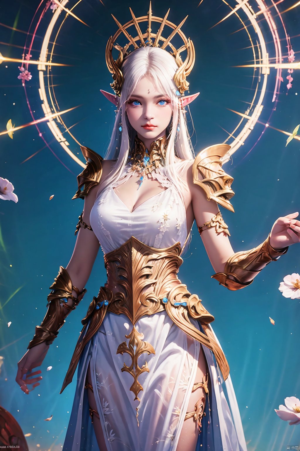 1girl, solo, long hair, breasts, looking at viewer, blue eyes, hair ornament, dress, cleavage, jewelry, medium breasts, standing, white hair, cowboy shot, earrings, sleeveless, pointy ears, white dress, armor, lips, petals, clothing , halo, cleavage , elf, shoulder armor, nose, red lips