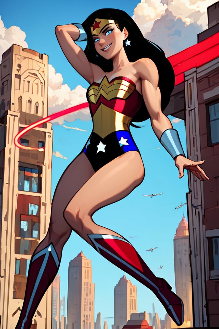 , score_9, score_8_up, score_7_up, score_6_up, 1girl, WWse, A beautiful young Wonder Woman, her bright blue eyes, her kind smile and her powerful figure flies over the buildings. Her arms are adorned with silver bracelets, her dress is a red and blue sleeveless leotard, the blue underwear with printed stars enhance her slim figure. She looks up at the sky. Her red boots with golden lines, her well-groomed hands and black hair, her star-shaped earrings, she is like a painting by the greatest comic book cover artist,