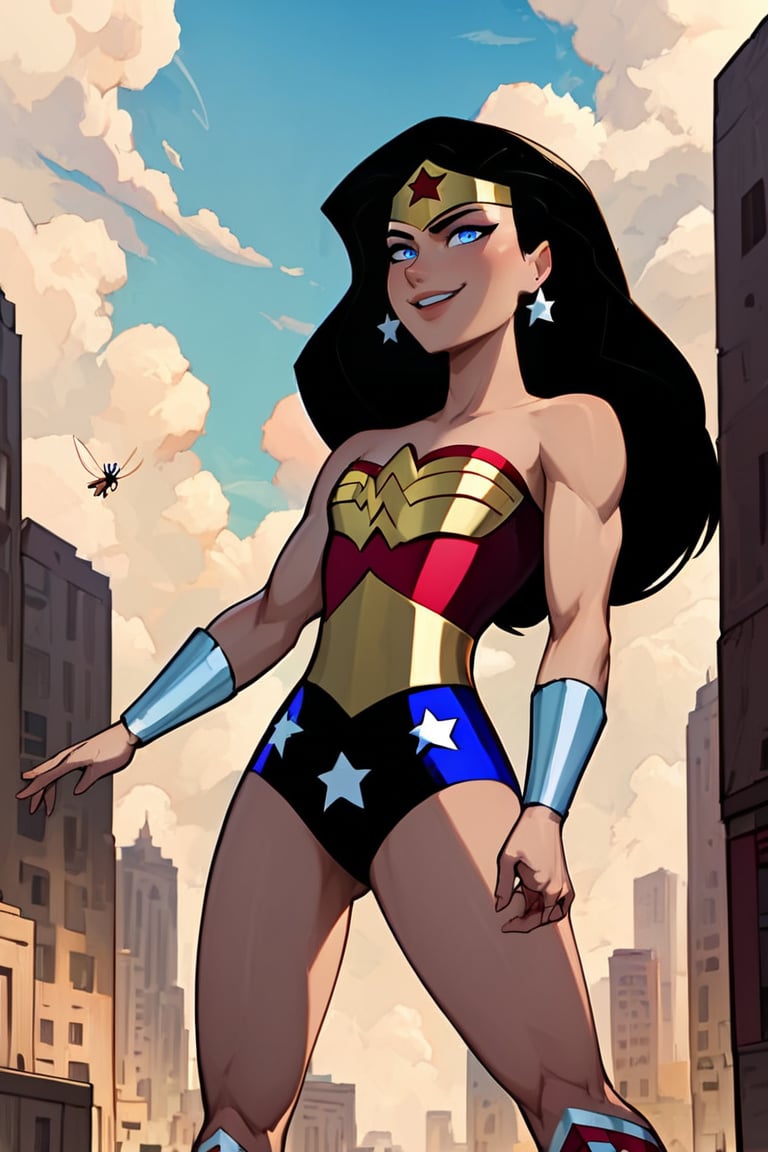 , score_9, score_8_up, score_7_up, score_6_up, 1girl, WWse, A beautiful young Wonder Woman, her bright blue eyes, her kind smile and her powerful figure flies over the buildings. Her arms are adorned with silver bracelets, her dress is a red and blue sleeveless leotard, the blue underwear with printed stars enhance her slim figure. She looks up at the sky. Her red boots with golden lines, her well-groomed hands and black hair, her star-shaped earrings, she is like a painting by the greatest comic book cover artist,