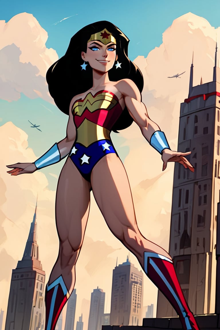 , score_9, score_8_up, score_7_up, score_6_up, 1girl, WWse, A beautiful young Wonder Woman, her bright blue eyes, her kind smile and her figure flies over the buildings. Her arms are adorned with silver bracelets, her dress is a red and blue sleeveless leotard, the blue underwear with printed stars enhance her slim figure. She looks up at the sky. Her red boots with golden lines, her well-groomed hands and black hair, her star-shaped earrings, she is like a painting by the greatest comic book cover artist,