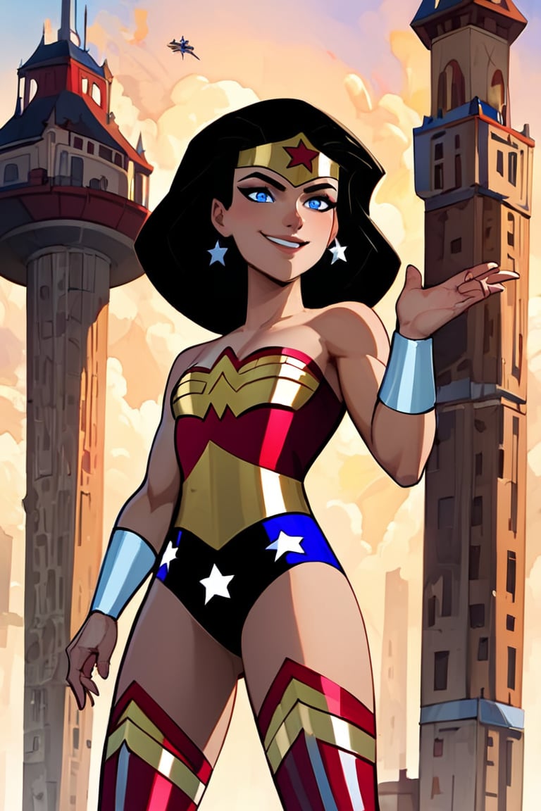 , score_9, score_8_up, score_7_up, score_6_up, 1girl, WWse, A beautiful young Wonder Woman, her bright blue eyes, her kind smile and her powerful figure flies over the buildings. Her arms are adorned with silver bracelets, her dress is a red and blue sleeveless leotard, the blue underwear with printed stars enhance her slim figure. She looks up at the sky. Her red boots with golden lines, her well-groomed hands and black hair, her star-shaped earrings, she is like a painting by the greatest comic book cover artist,