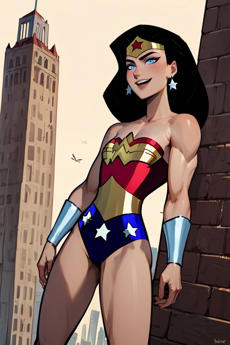 , score_9, score_8_up, score_7_up, score_6_up, 1girl, WWse, A beautiful young Wonder Woman, her bright blue eyes, her kind smile and her figure flies over the buildings. Her arms are adorned with silver bracelets, her dress is a red and blue sleeveless leotard, the blue underwear with printed stars enhance her slim figure. She looks up at the sky. Her red boots with golden lines, her well-groomed hands and black hair, her star-shaped earrings, she is like a painting by the greatest comic book cover artist,