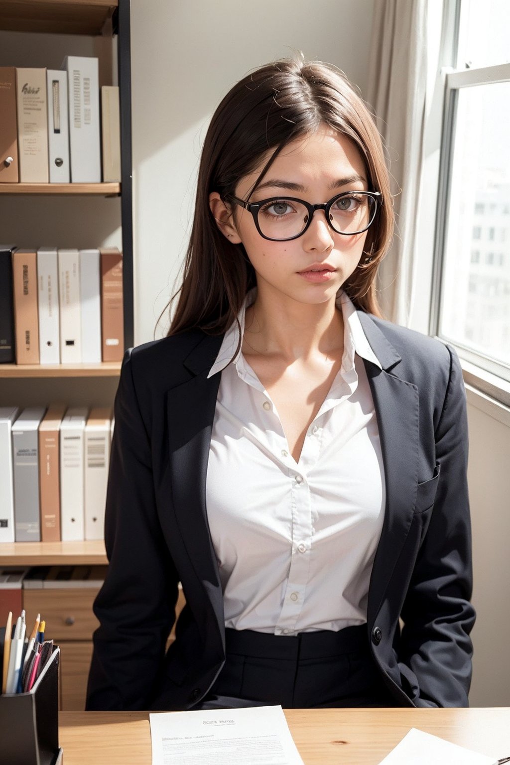 1girl,1boy,(suit),illustration,(office),(black-rimmed glasses),